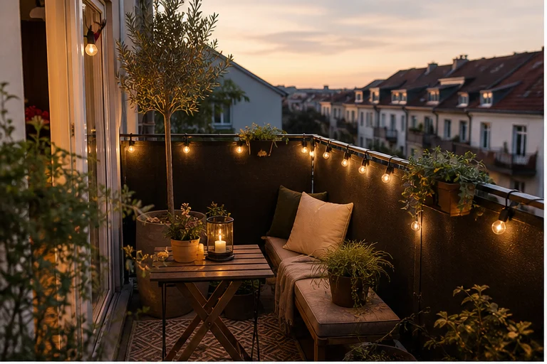 Kleiner Stadtbalkon mit gruenem Balkonsichtschutz, Pflanzen und warmem Licht
