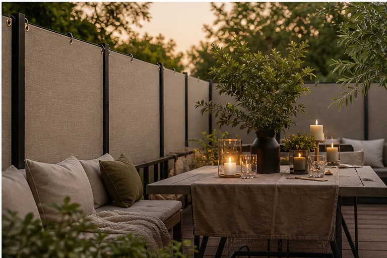 Terrasse mit seitlichem Sichtschutz und privatem Essplatz