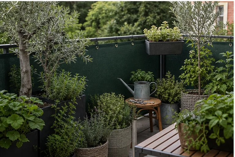Gruener Balkon mit Pflanzen, Kraeutern und dunklem Balkonsichtschutz