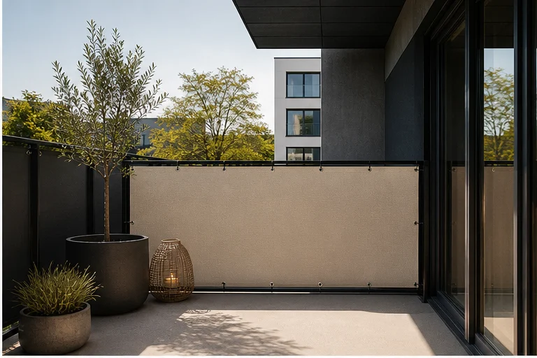 Minimalistischer Balkon mit anthrazitfarbenem Gelaender und sandfarbenem Sichtschutz