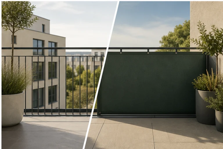 Vergleich von offenem Balkongelaender und fertigem Sichtschutz Balkon