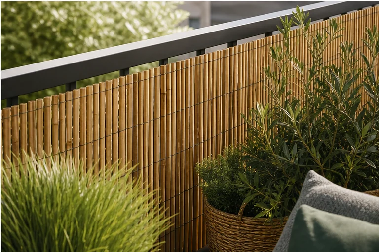 Sichtschutzmatte Balkon mit Naturstruktur und Pflanzen