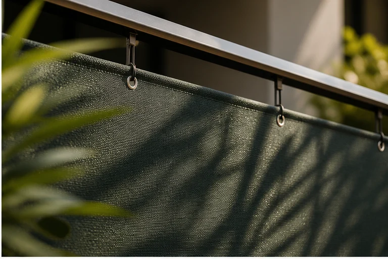 Detailaufnahme einer Balkonbespannung mit Oesen am Gelaender