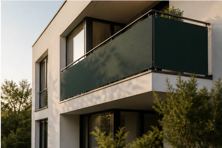 Moderne Fassade mit gruener Balkonverkleidung als ruhige architektonische Flaeche