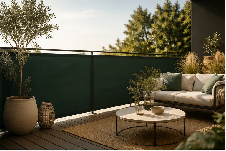 Moderner Balkon mit hochwertigem gruenem Balkonsichtschutz, Pflanzen und Lounge-Bereich