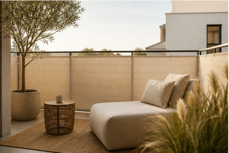 Heller Balkon mit sandfarbener Balkonbespannung, Lounge und Pflanzen